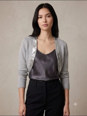 NWOT Aqua Sequin-Trim Cropped Bolero Silk And Cashmere Sweater - Silver Gray